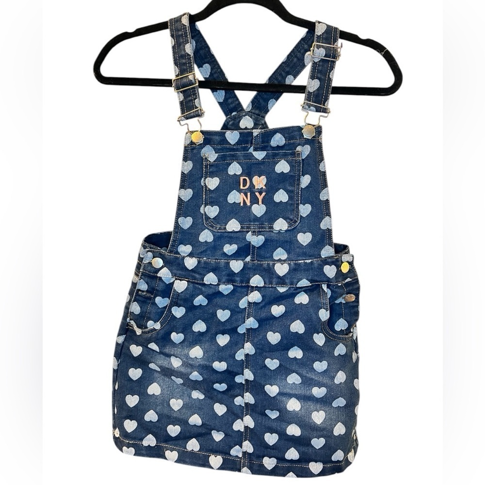 DKNY Girls Denim Overall Dress with Hearts - Size 10